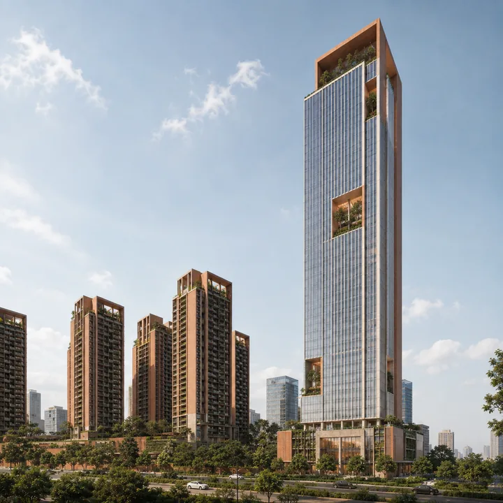 Total Environment Butterfly of Dreams 147 m commercial tower standing above the six brick residential towers on the Sarjapur Road campus Total Environment Butterfly of Dreams 147 m commercial tower standing above the six brick residential towers on the Sarjapur Road campus