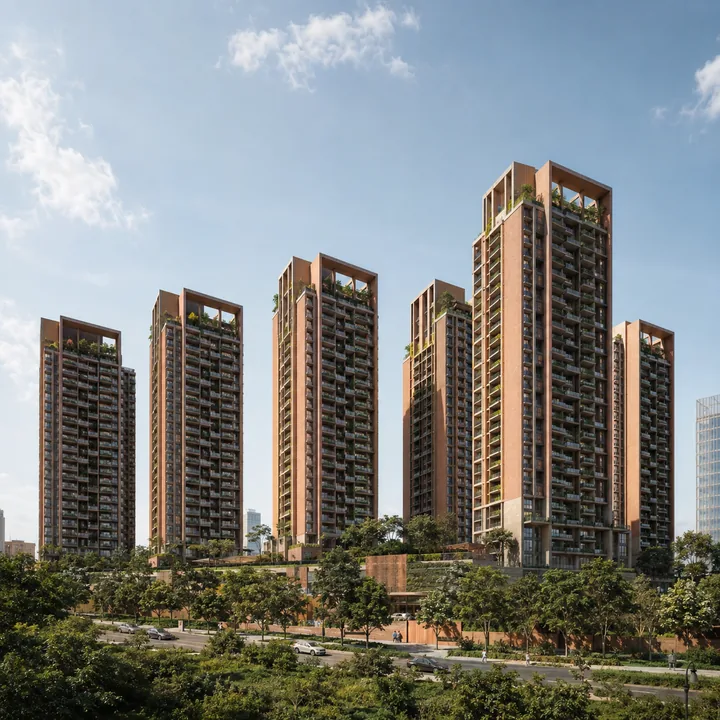 Total Environment Butterfly of Dreams six residential towers in exposed brick and natural stone rising to 112.80 m at Dommasandra on Sarjapur Road, Bengaluru Total Environment Butterfly of Dreams six residential towers in exposed brick and natural stone rising to 112.80 m at Dommasandra on Sarjapur Road, Bengaluru