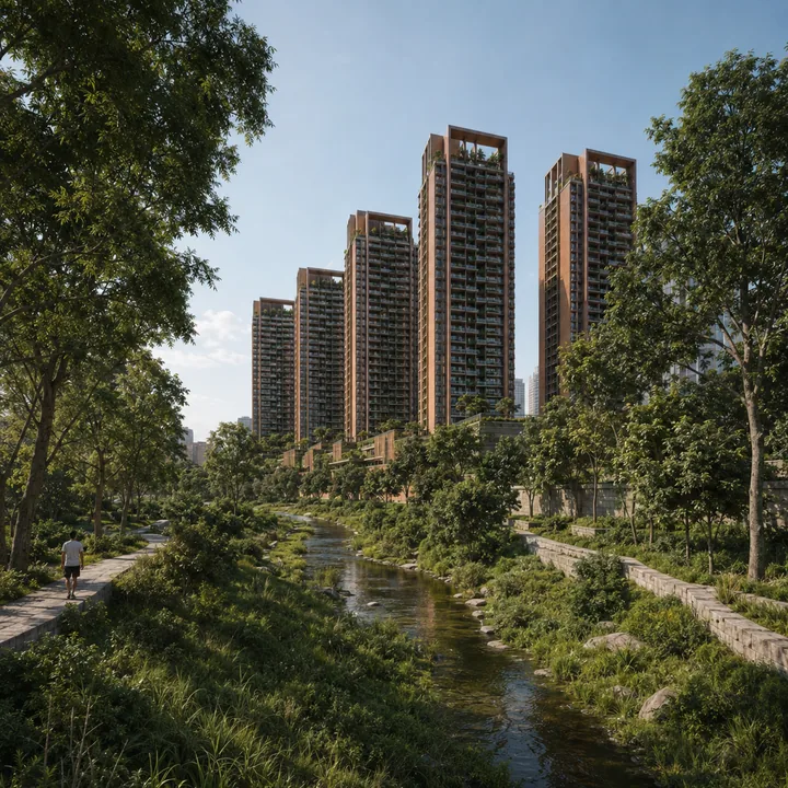Total Environment Butterfly of Dreams retained tertiary nala corridor with its 15 m bank buffers forming a linear landscape spine through the campus Total Environment Butterfly of Dreams retained tertiary nala corridor with its 15 m bank buffers forming a linear landscape spine through the campus