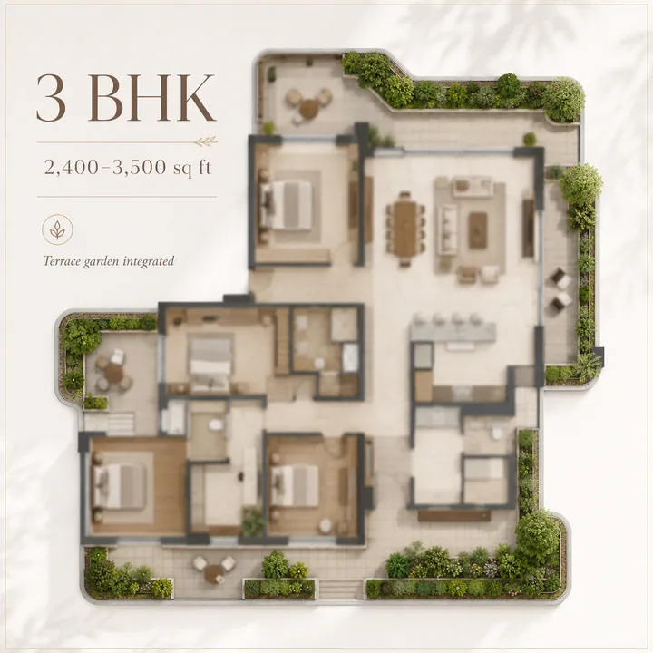 Total Environment Butterfly of Dreams 3 BHK apartment floor plan with integrated terrace garden, indicative 2,400 to 3,500 sq ft Total Environment Butterfly of Dreams 3 BHK apartment floor plan with integrated terrace garden, indicative 2,400 to 3,500 sq ft