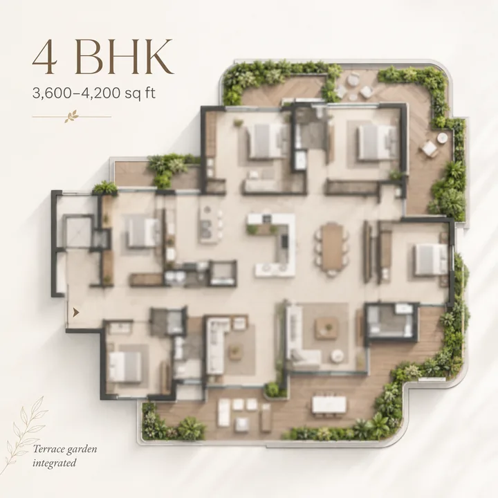 Total Environment Butterfly of Dreams 4 BHK apartment floor plan with integrated terrace garden, indicative 3,600 to 4,200 sq ft Total Environment Butterfly of Dreams 4 BHK apartment floor plan with integrated terrace garden, indicative 3,600 to 4,200 sq ft